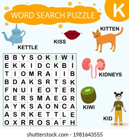 Vector educational game for kids. A puzzle for finding words starting with the letter K