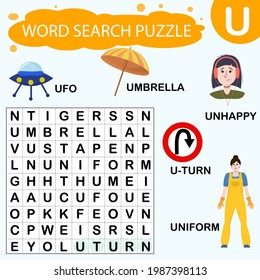Vector educational game for kids. A puzzle for finding words starting with the letter U