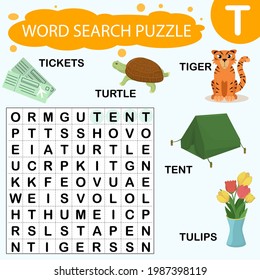 Vector educational game for kids. A puzzle for finding words starting with the letter T
