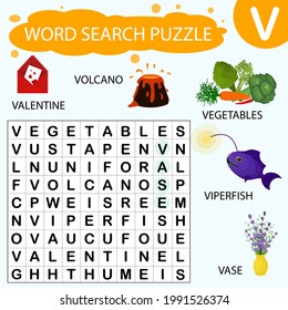 Vector educational game for kids. A puzzle for finding words starting with the letter V