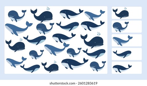 Vector educational game I Spy with whales. Count how many pictures of fish are hidden in the illustration. Perfect for kids learning activities, worksheets, or apps.