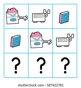 Vector educational game What comes next? with hand drawn doodles of robots objects