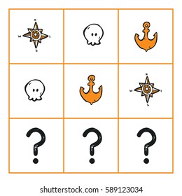 Vector educational game What comes next? with hand drawn doodles of sea objects