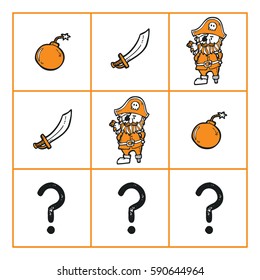 Vector educational game What comes next? with hand drawn doodles of sea objects