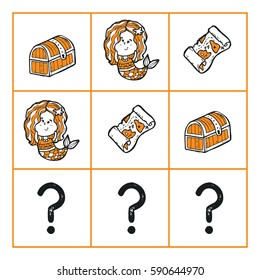 Vector educational game What comes next? with hand drawn doodles of sea objects