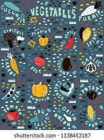 Vector educational kids poster with scandinavian stylized vegetables and their names for kids room decor
