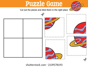 Vector educational kids puzzle game to cut and stick pieces with cartoon planet character