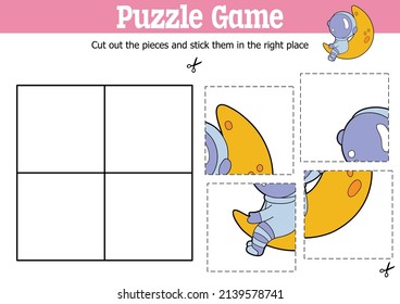 Niños educadores vectores puzzle juego para cortar y pegar piezas con astronauta de dibujos animados sobre personaje de la luna