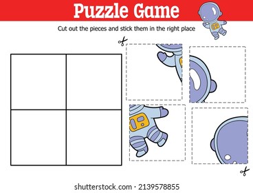 Vector educational kids puzzle game to cut and stick pieces with cartoon astronaut character