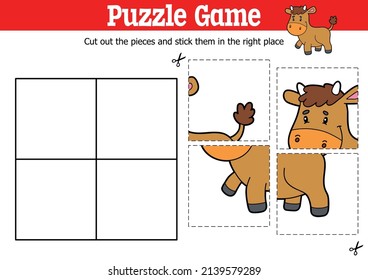 Puzzleteil für Kinder mit Vektorgrafik, um Stücke mit Cartoon-Stier-Charakter zu schneiden und zu kleben