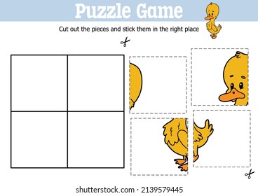 Vector educational kids puzzle game to cut and stick pieces with cartoon duck character