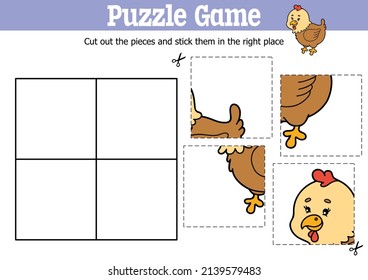 Vector educational kids puzzle game to cut and stick pieces with cartoon hen  character
