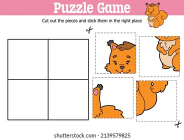 Vector educational kids puzzle game to cut and stick pieces with cartoon squirrel character