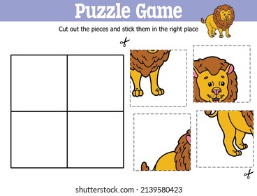 Vector educational kids puzzle game to cut and stick pieces with cartoon lion character