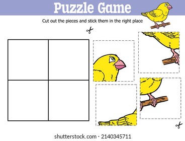 Vector Educational Kids Puzzle Game To Cut And Stick Pieces With Cartoon Canary Character