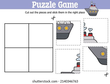Vector educational kids puzzle game to cut and stick pieces with cartoon ship character