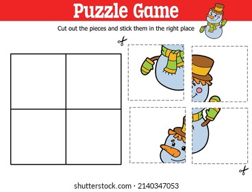 Niños educadores vectores puzzle juego para cortar y pegar piezas con personaje de caricatura de snowman