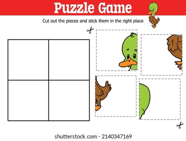 Vector educational kids puzzle game to cut and stick pieces with wild duck cartoon character