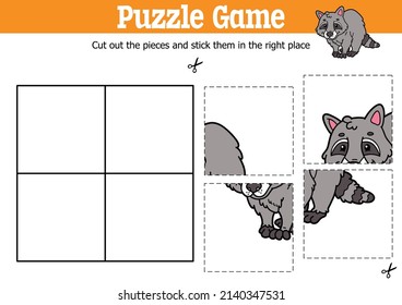 Vector educational kids puzzle game to cut and stick pieces with cartoon racoon character