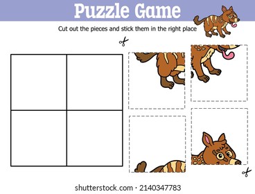 Vector educational kids puzzle game to cut and stick pieces with cartoon numbat character