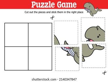 Vector educational kids puzzle game to cut and stick pieces with cartoon whale character