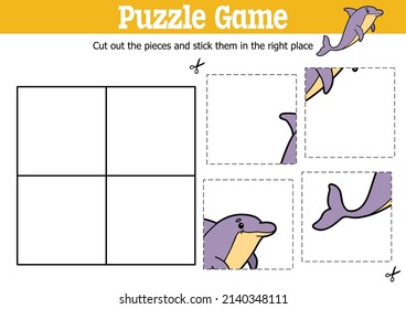 Niños educadores vectores puzzle juego para cortar y pegar piezas con personaje de delfín de dibujos animados