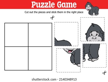Vector educational kids puzzle game to cut and stick pieces with cartoon gorilla character