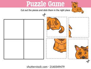 Niños educadores vectores puzzle juego para cortar y pegar piezas con personaje de perro de dibujos animados