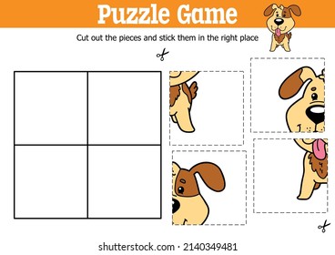Vector educational kids puzzle game to cut and stick pieces with cartoon dog character