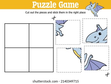 Vector educational kids puzzle game to cut and stick pieces with cartoon pteranodon character