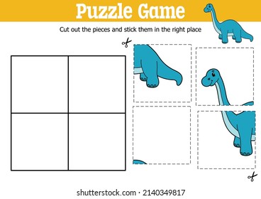 Niños educadores vectores puzzle juego para cortar y pegar piezas con personaje de dino de dibujos animados