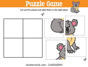 Vector educational kids puzzle game to cut and stick pieces with cartoon koala character