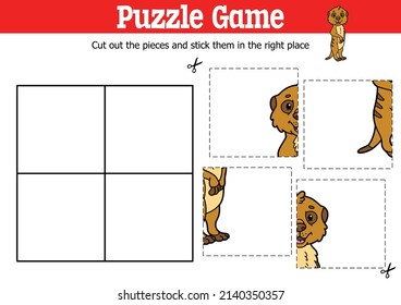 Vector educational kids puzzle game to cut and stick pieces with cartoon meerkat character