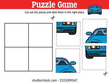 Vector educational kids puzzle game to cut and stick pieces with cartoon car character
