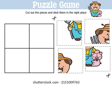 Niños educadores vectores puzzle juego para cortar y pegar piezas con caricatura Personaje de granjero