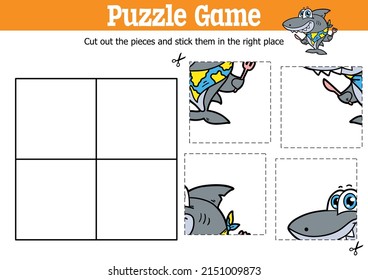 Vector educational kids puzzle game to cut and stick pieces with cartoon shark character