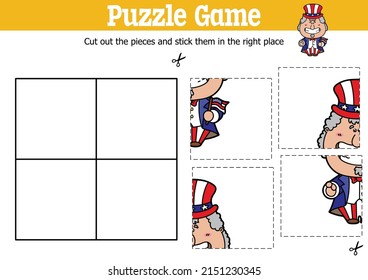 Vector educational kids puzzle game to cut and stick pieces with cartoon Uncle Sam character