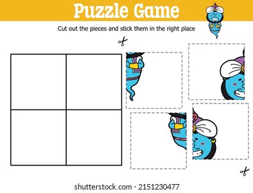 Vector educational kids puzzle game to cut and stick pieces with cartoon Genie character