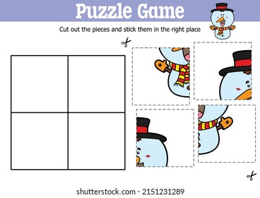 Vector educational kids puzzle game to cut and stick pieces with cartoon snowman character