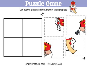 Vector educational kids puzzle game to cut and stick pieces with cartoon St. Nicholas character