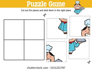 Vector educational kids puzzle game to cut and stick pieces with cartoon Cook character