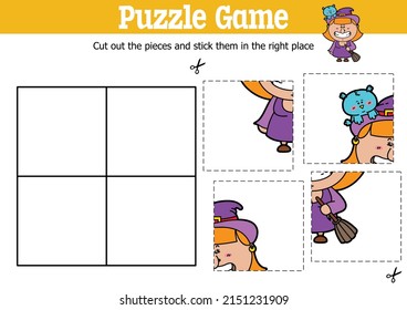 Vector educational kids puzzle game to cut and stick pieces with cartoon Witch character