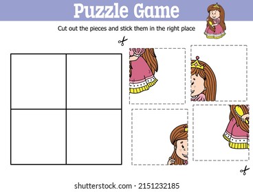 Puzzle-Spiel für Kinder mit Vektorgrafik, um Stücke mit Cartoon-Prinzessin zu schneiden und zu kleben
