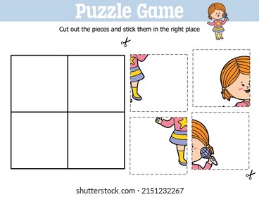 Vector educational kids puzzle game to cut and stick pieces with cartoon girl character