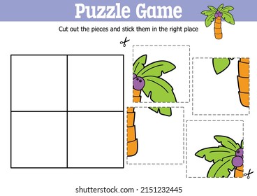 Vector educational kids puzzle game to cut and stick pieces with cartoon palm tree character