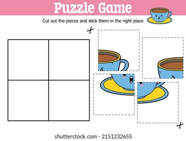 Niños educadores vectores puzzle juego para cortar y pegar piezas con personaje de taza de dibujos animados