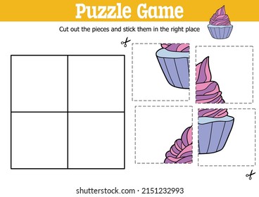 Vector educational kids puzzle game to cut and stick pieces with cartoon character