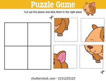 Vector educational kids puzzle game to cut and stick pieces with cartoon guinea pig character