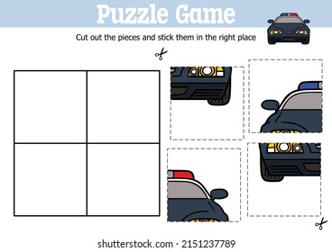 El juego de rompecabezas de niños educacionales vectores para cortar y pegar piezas con un auto de la policía de caricaturas