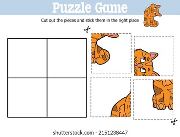 Vector educational kids puzzle game to cut and stick pieces with cartoon cat character